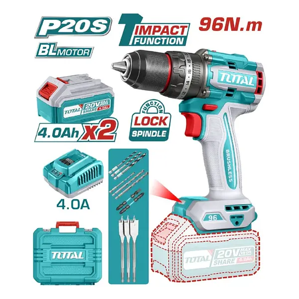 Taladro 20v Percutor 1/2" 96nm + 2 Batería 4.0 Ah Total